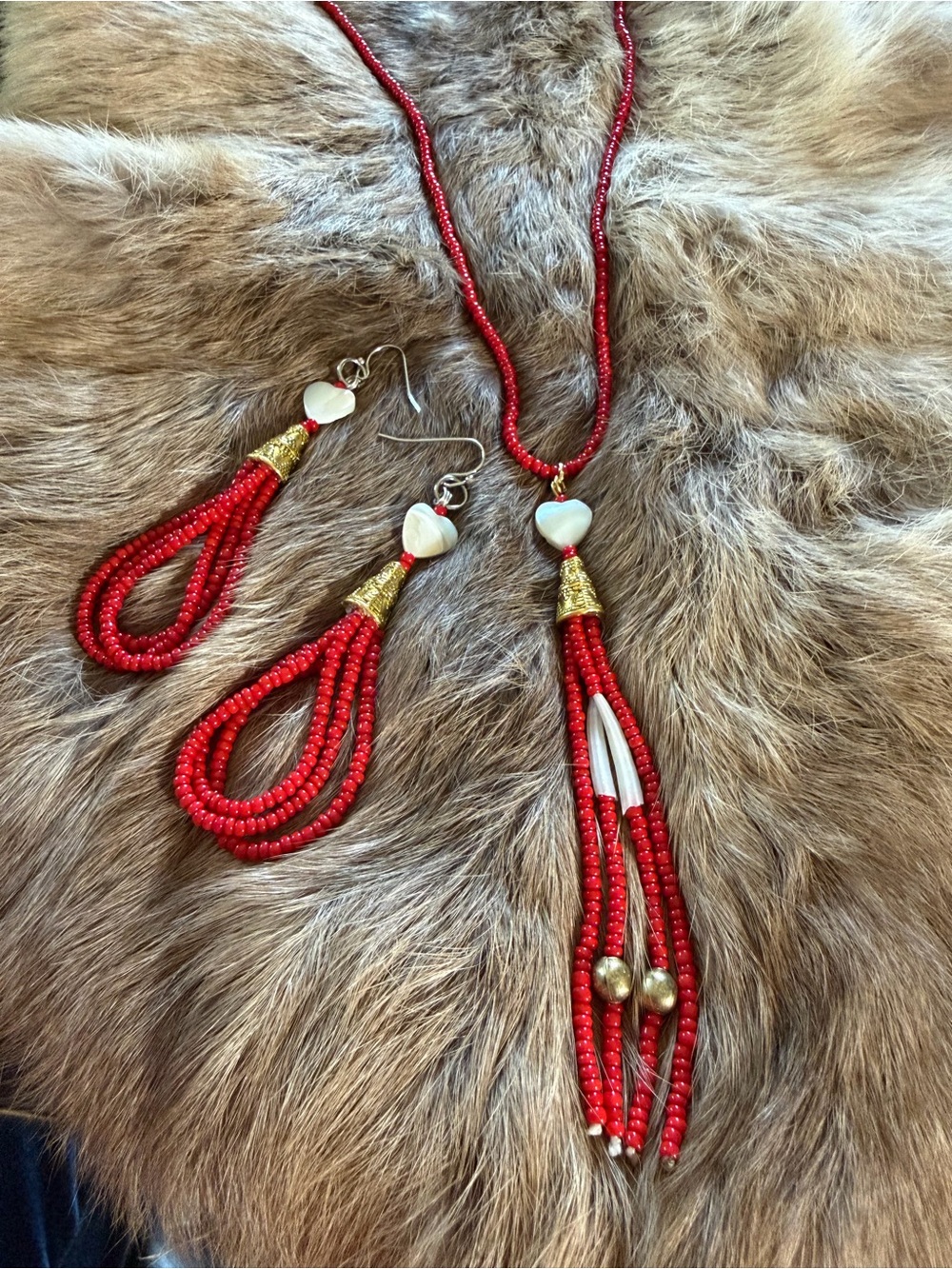 Red Beaded Heart Tassel Necklace with Matching Earrings